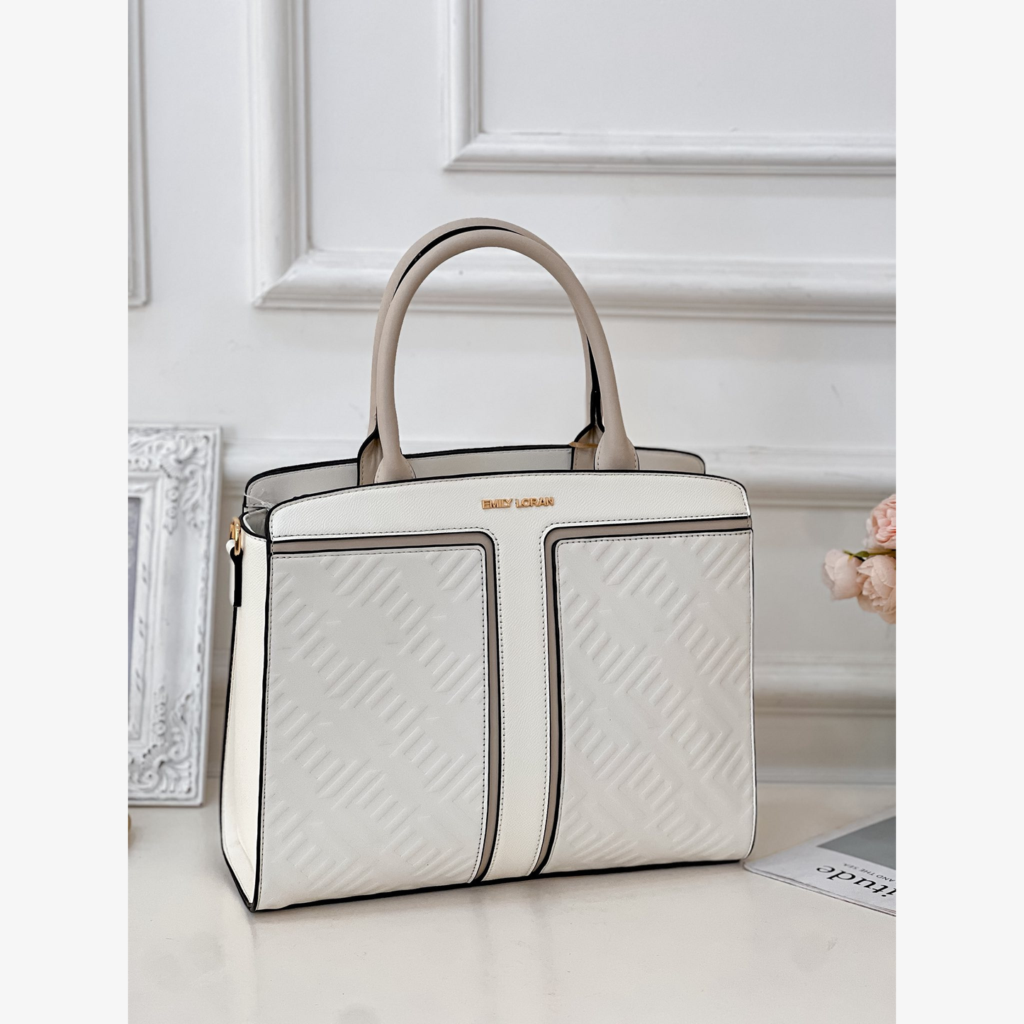 White EMILY Structured Tote Bag with Pouch