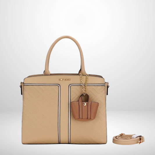 Beige EMILY Structured Tote Bag with Pouch, embossed texture, black piping & gold accents. Spacious, elegant, perfect for everyday from InStyle Fashion HK.