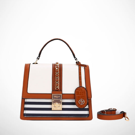 Striped Top Handle Satchel with Chain