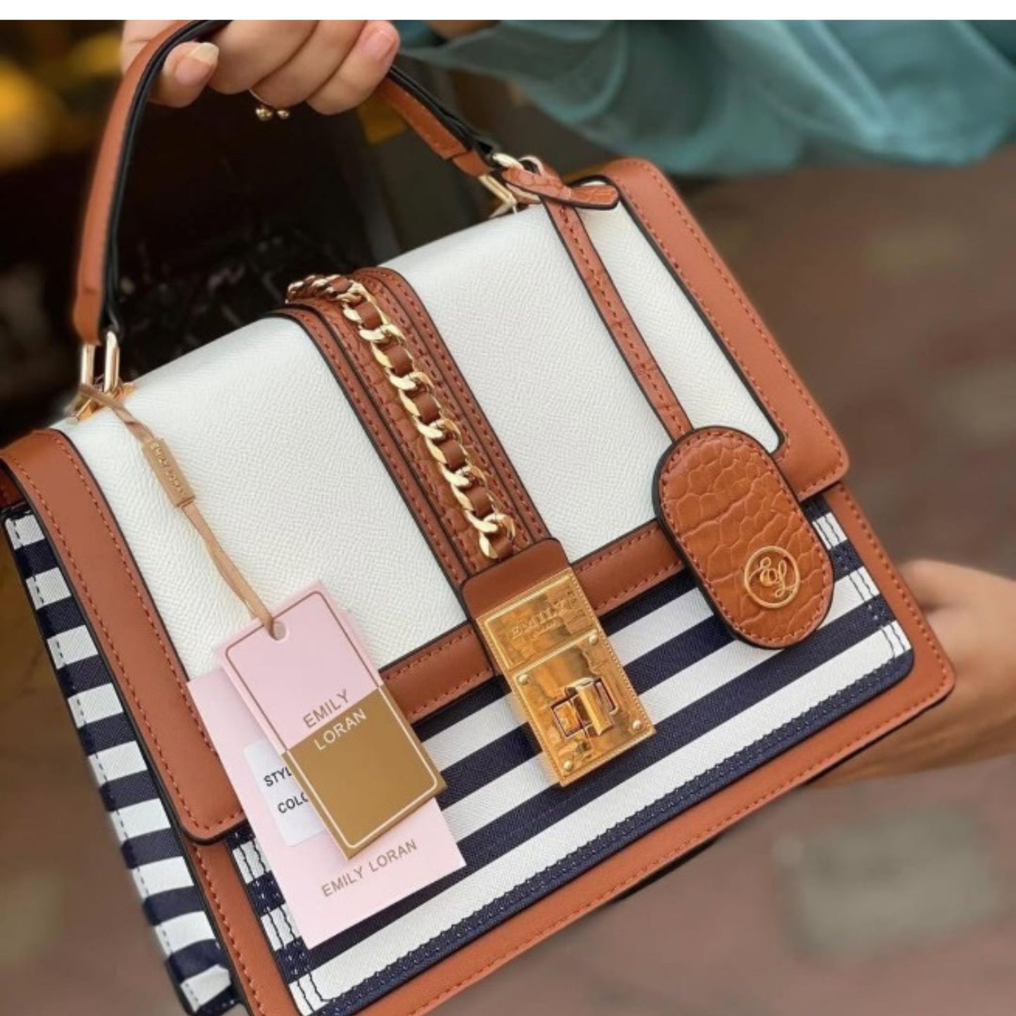 Striped Top Handle Satchel with Chain