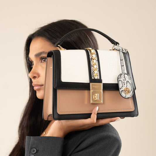 Black & Tan Top Handle Satchel with Chain