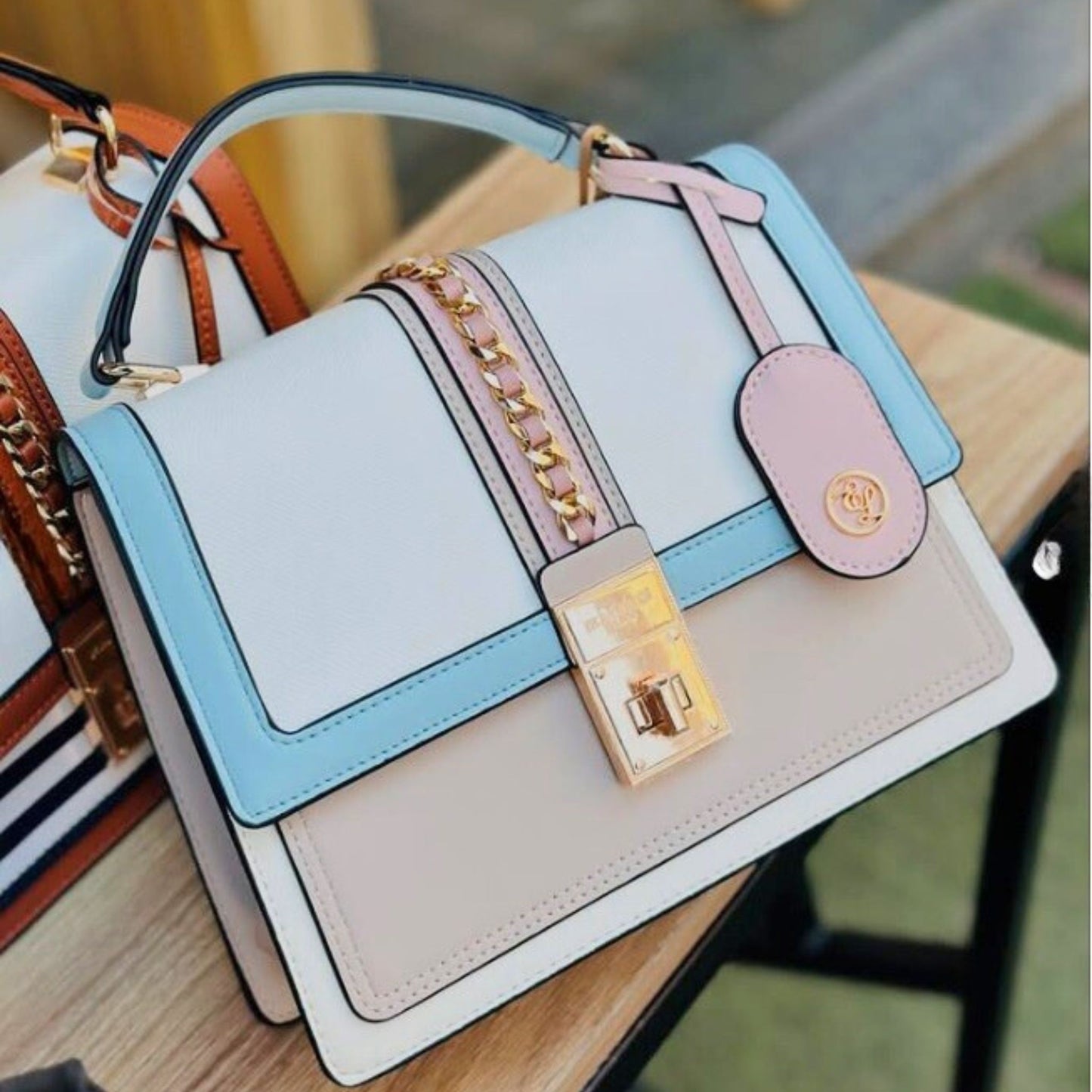 Pastel Top Handle Satchel with Chain