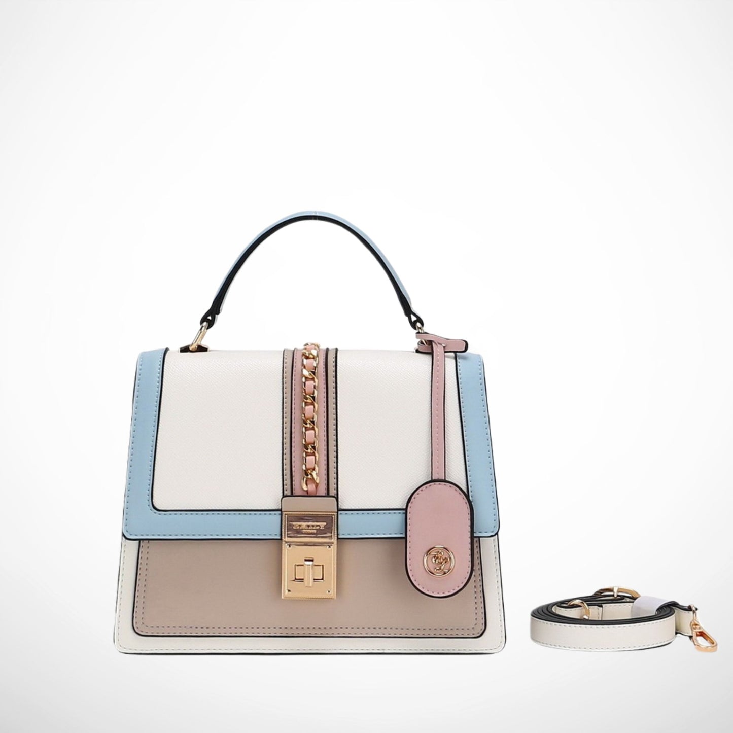 Striped Top Handle Satchel with Chain