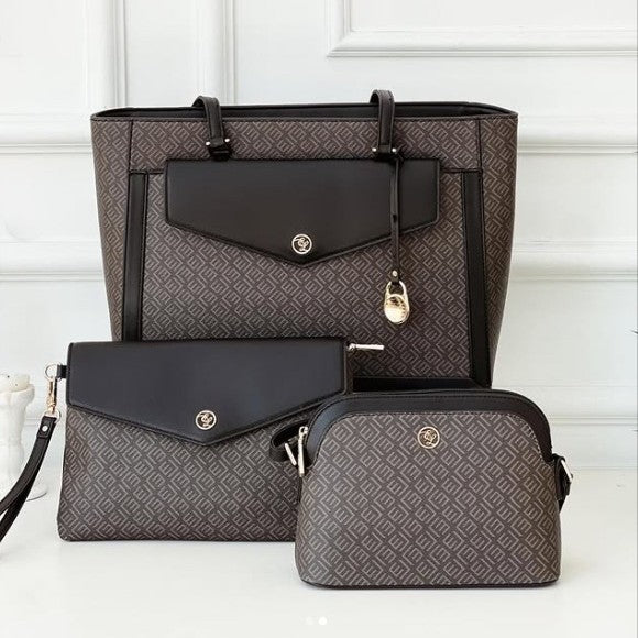 Set of three bags including a large tote, medium clutch, and small duffel bag with a geometric pattern on a white background.