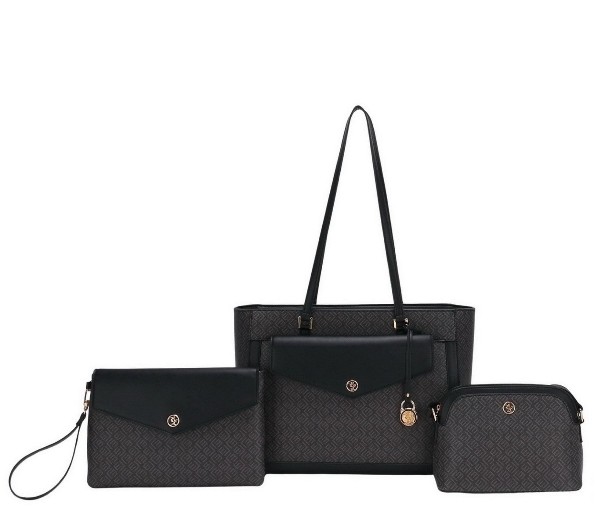 Set of black handbags including a clutch, small bag, and larger tote on a white background
