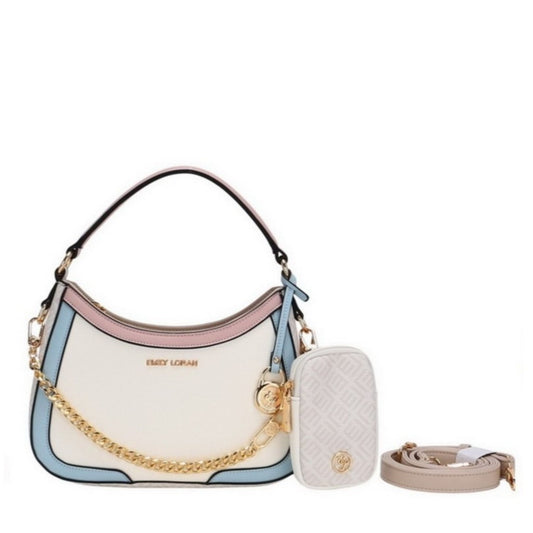Multi-colored handbag with matching pouch and strap on a white background