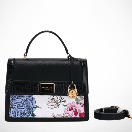 Black Floral Top Handle Satchel