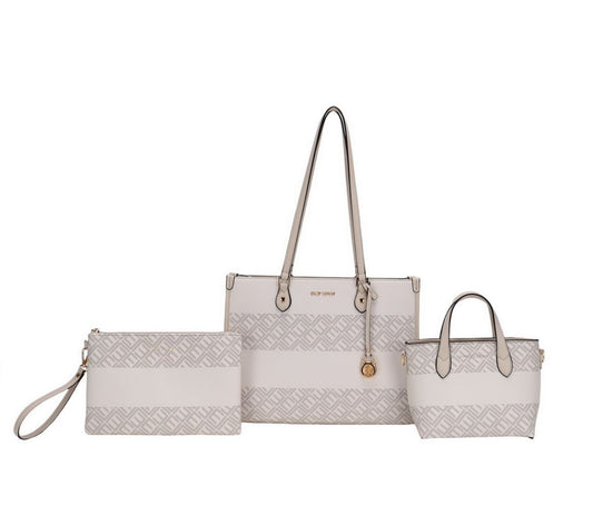 Beige 3 piece Tote Bag Set with Small Bag and Pouch