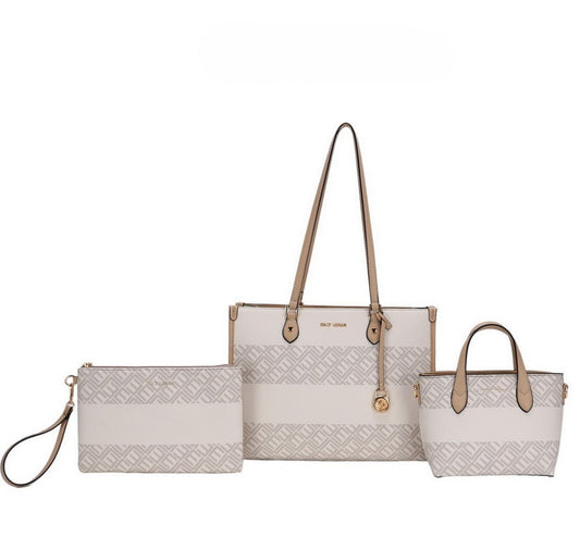 Tan Beige 3 piece Tote Bag Set with Small Bag and Pouch