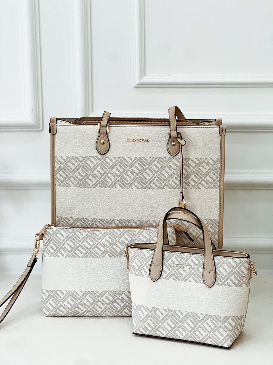 Tan Beige 3 piece Tote Bag Set with Small Bag and Pouch