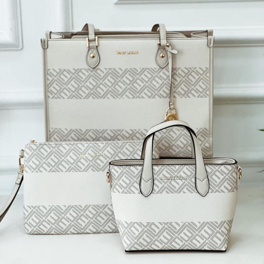 Beige 3 piece Tote Bag Set with Small Bag and Pouch