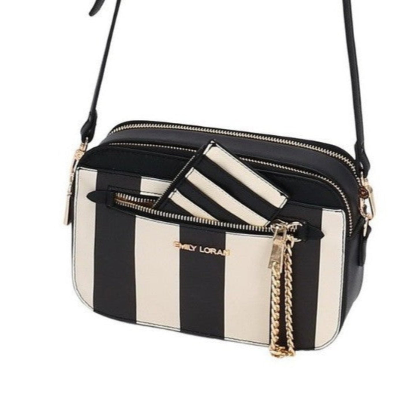 Black and white striped crossbody bag on a white background