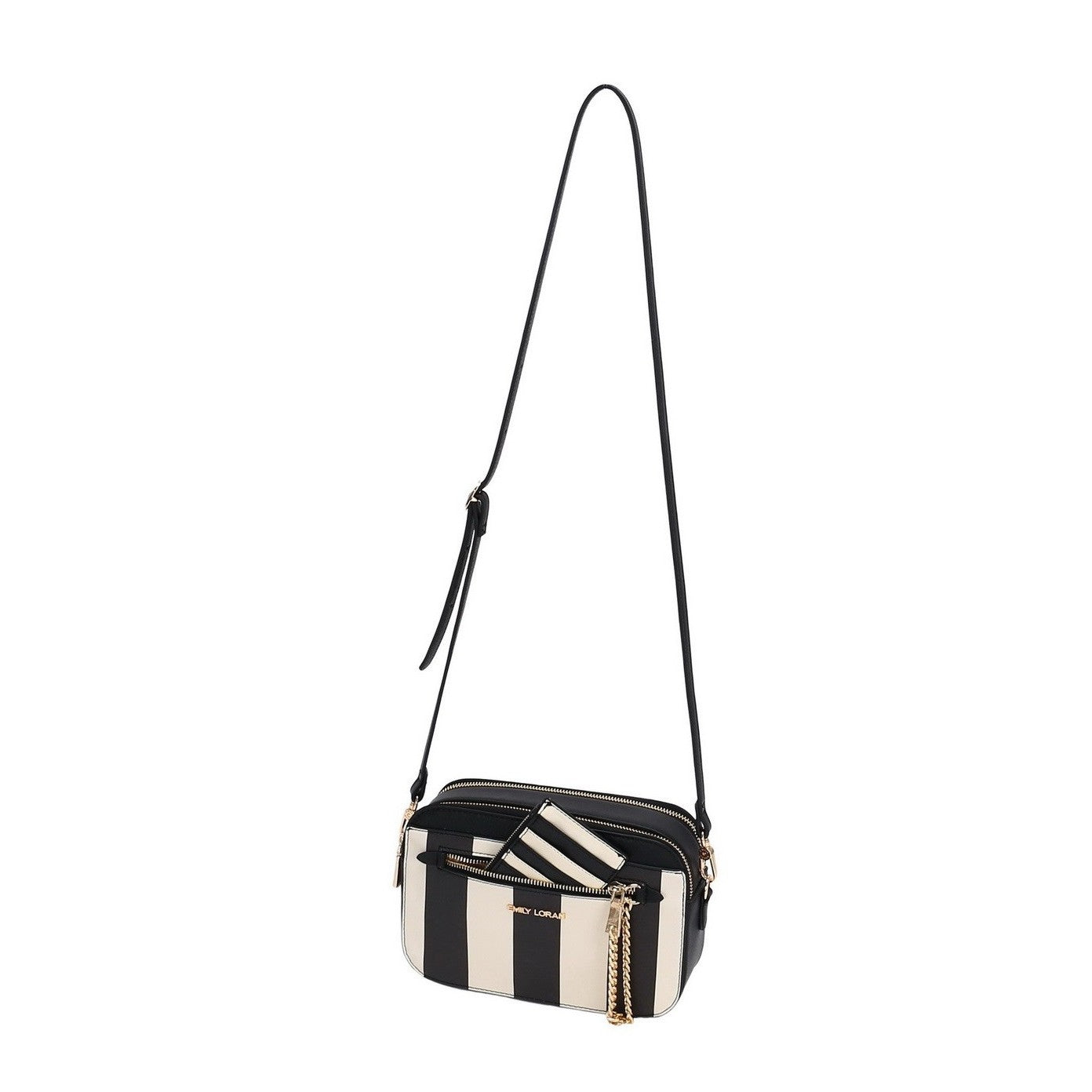 Black and white striped crossbody bag on a white background