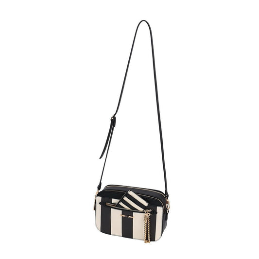 Black and white striped crossbody bag on a white background