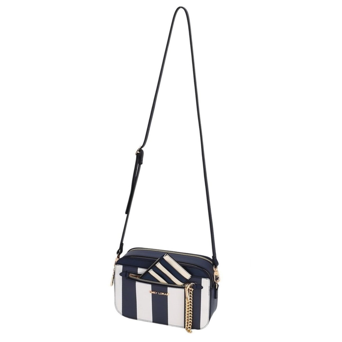 Navy and white striped handbag with a gold chain detail on a white background