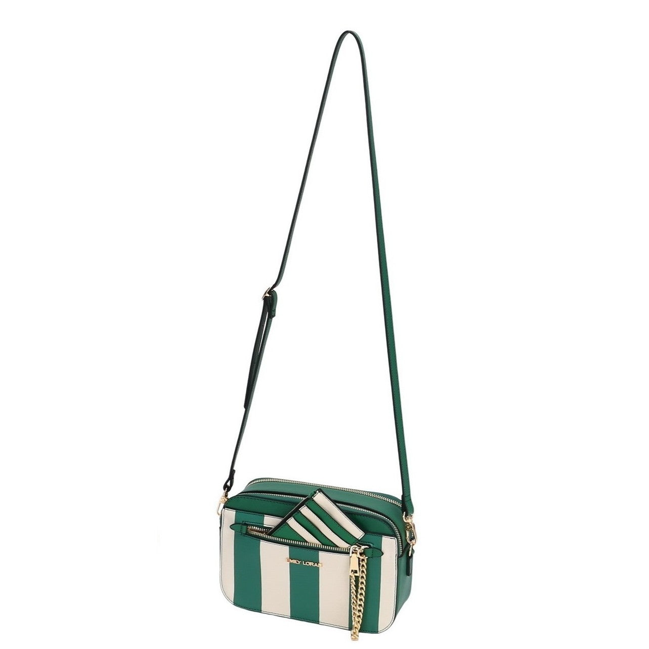 Green and white striped handbag with a gold chain detail on a white background