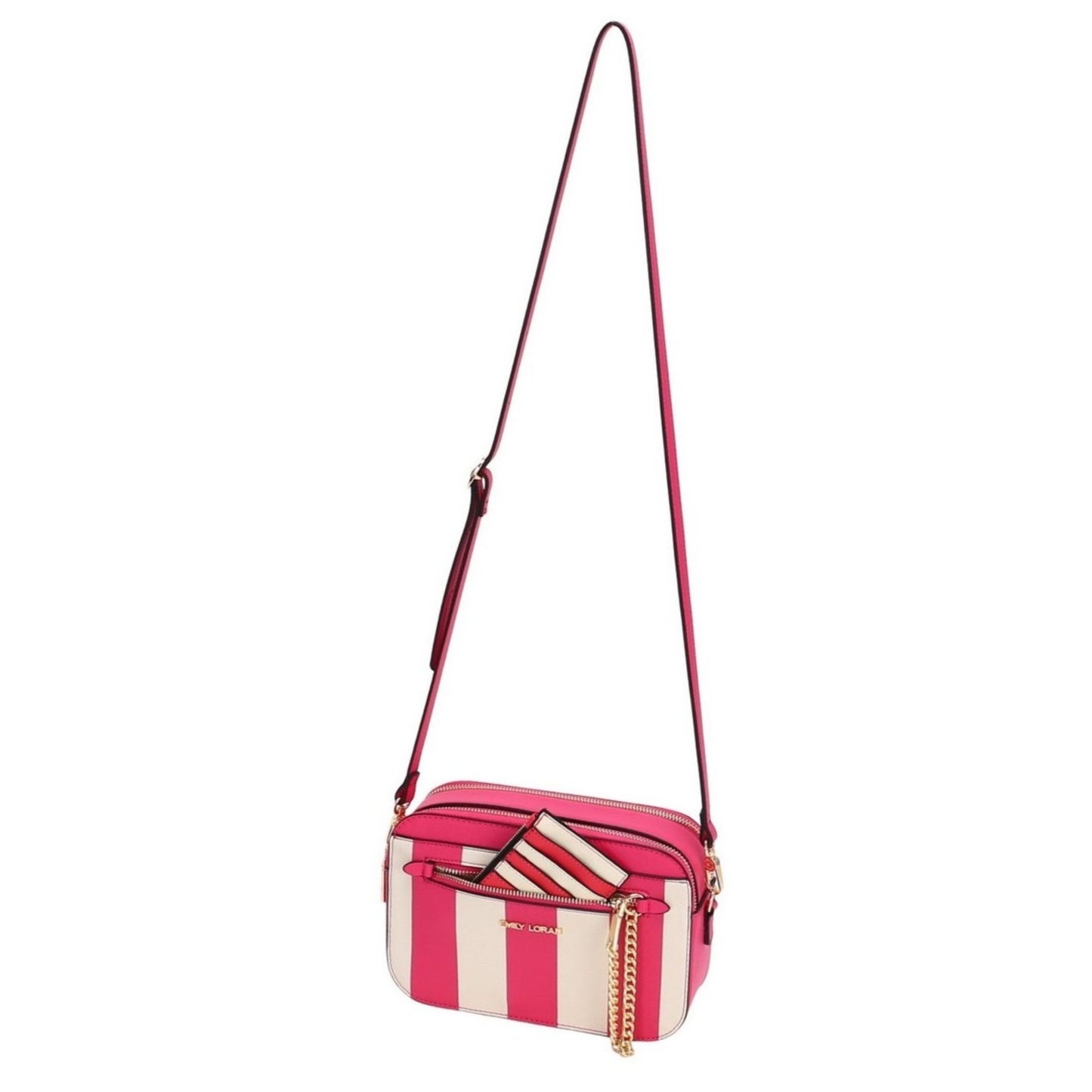 Pink and white striped handbag with a chain detail on a white background