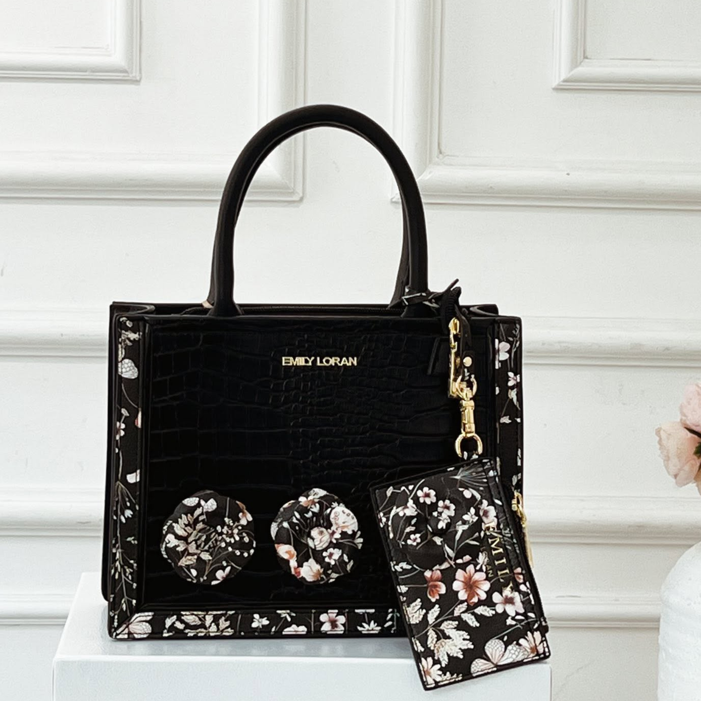 Beige Top Handle Bag with 3D Flowers