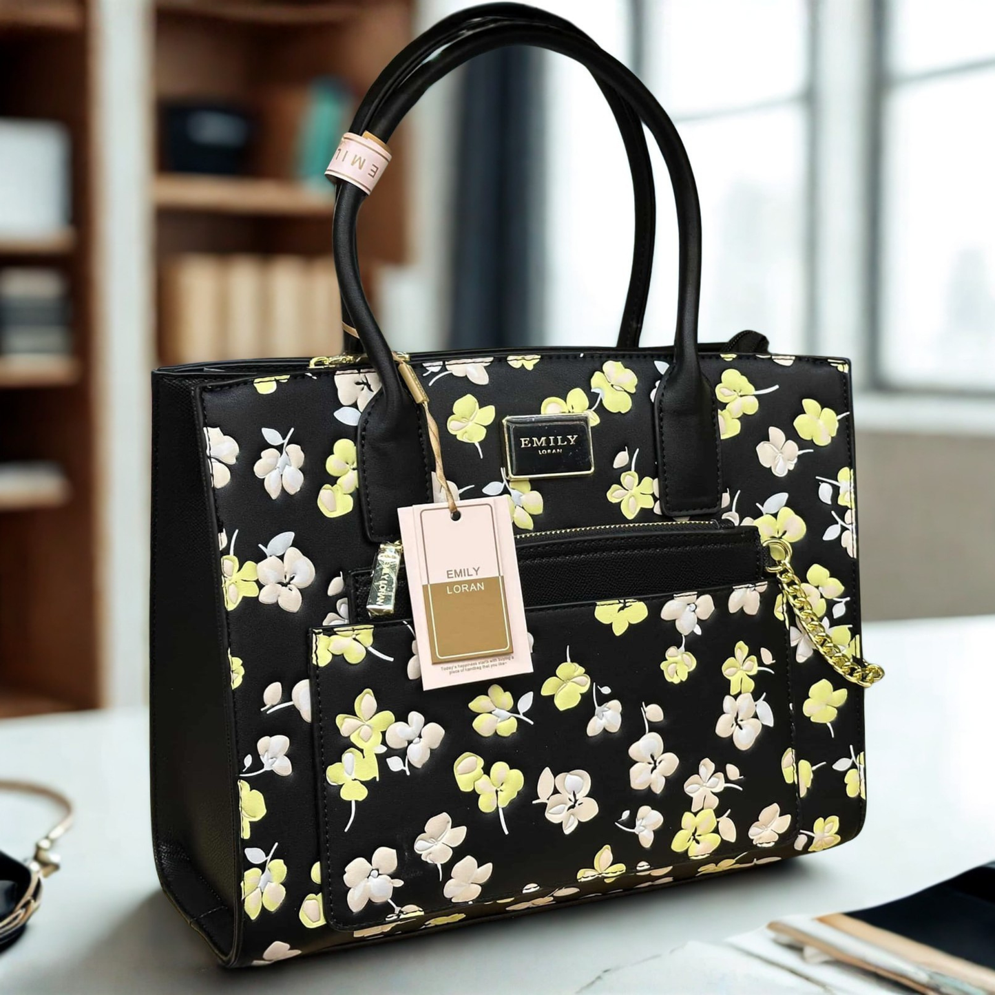 Large Cherry Blossom Printed White Multicolour Satchel Tote Bag with Pouch