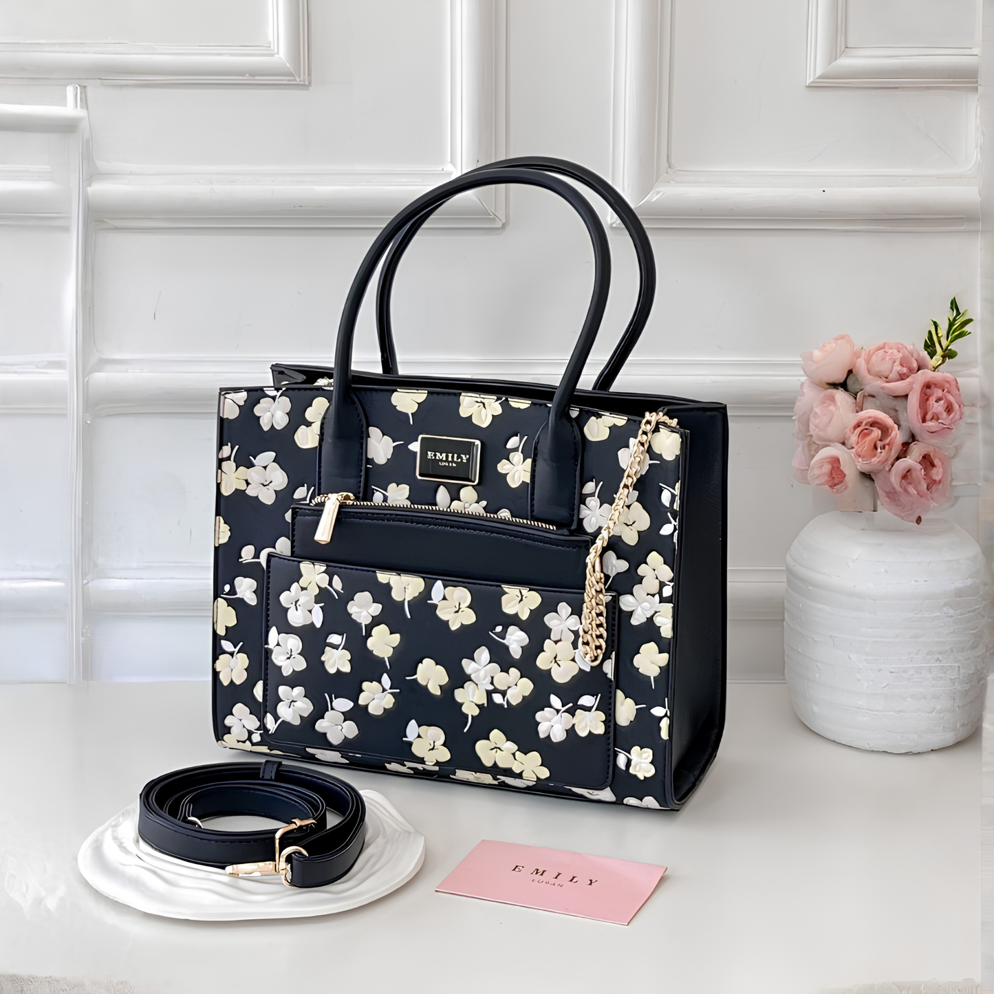 Pink Cherry Blossom Printed Satchel Tote Bag with Pouch