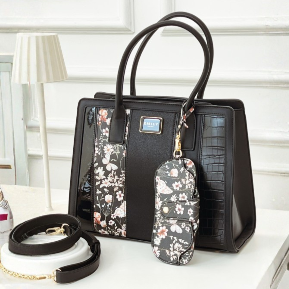 Rose Gold Panel Top Handle Tote with Sunglass Case