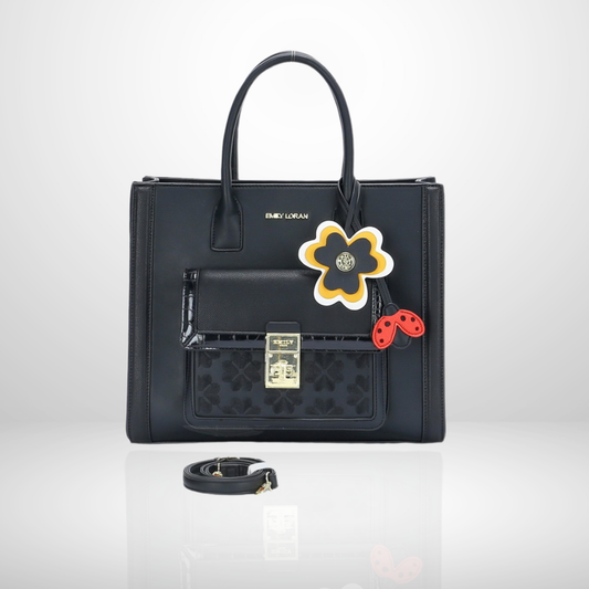 Giselle Black & White Structured Tote Bag with Floral Charm