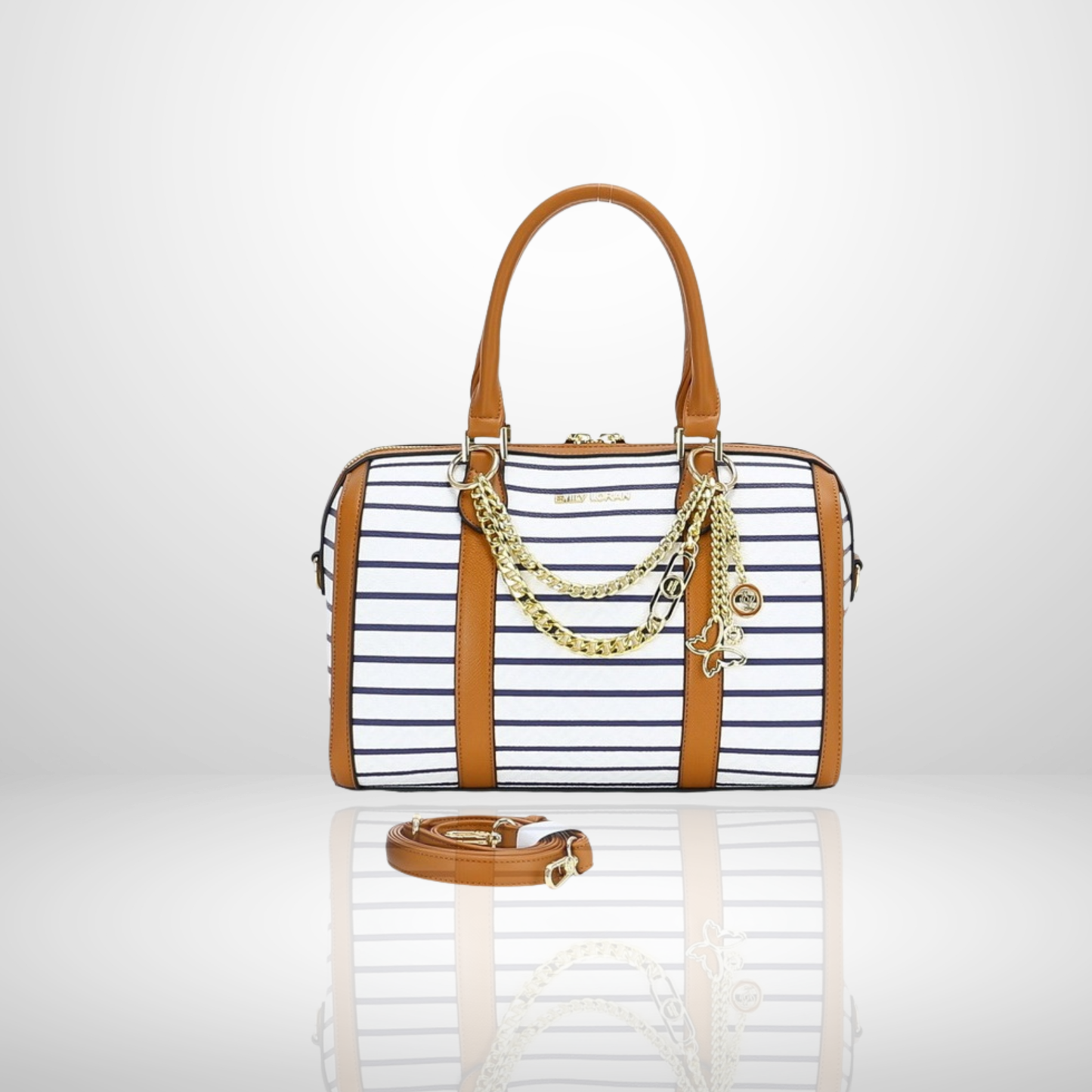 Marianne Beige Top Handle Bowling Bag with Charms Chains