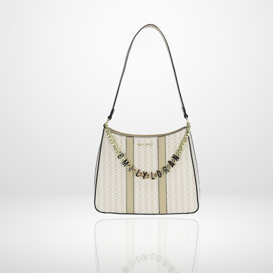 Helene Hobo Shoulder Bag with Logo Chain in Beige