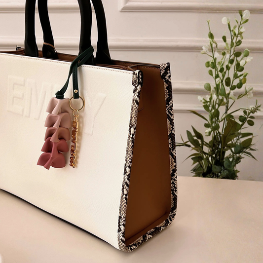 Olivia Structured Tan Tote Bag with Detachable Strap & Floral Tassel Charm