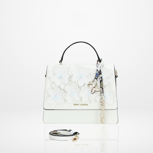 Belle White Appliqué Floral Top Handle Bag