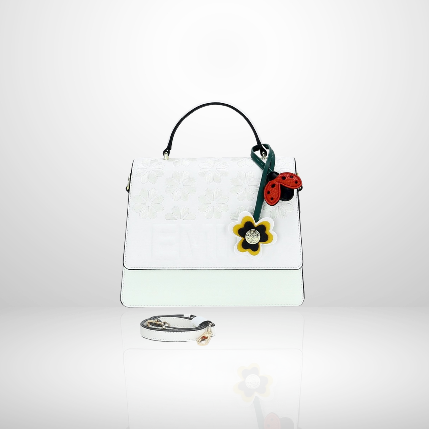 Inez White Stripe & Floral Embroidered Top Handle Bag