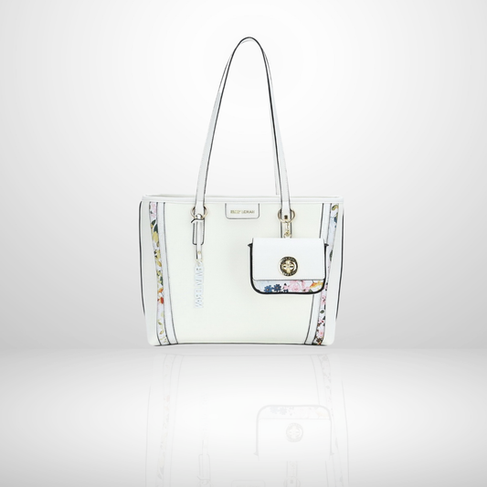 Structured women’s tote bag with contrast details and mini pouch.