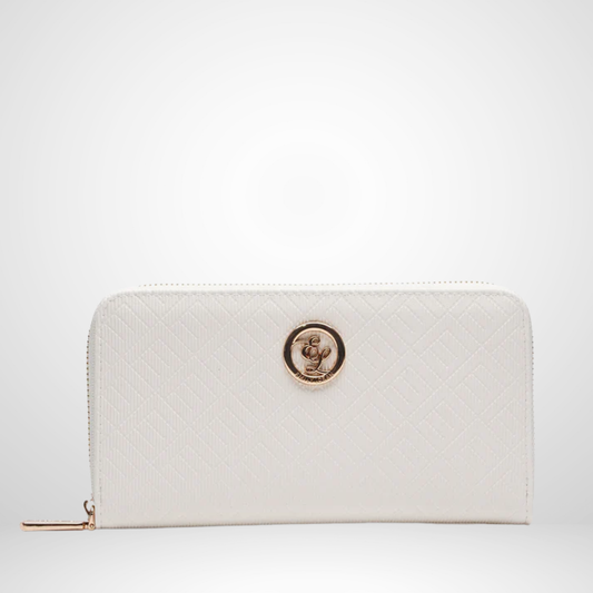 White wallet with a gold emblem on a light gray background