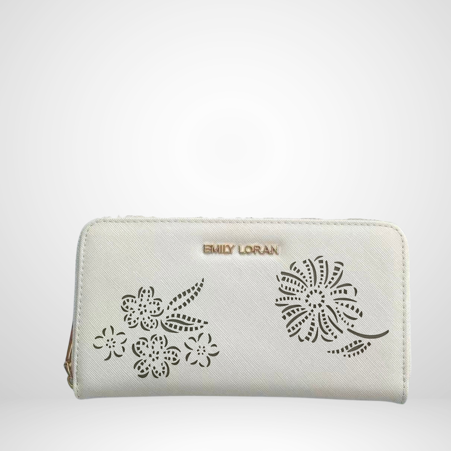 White wallet with floral cutouts and 'EMILY LORAN' branding on a white background
