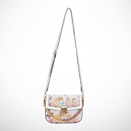 White floral butterfly quilted crossbody bag with gold-tone chain accent, front lock closure, adjustable shoulder strap, and pastel printed design.