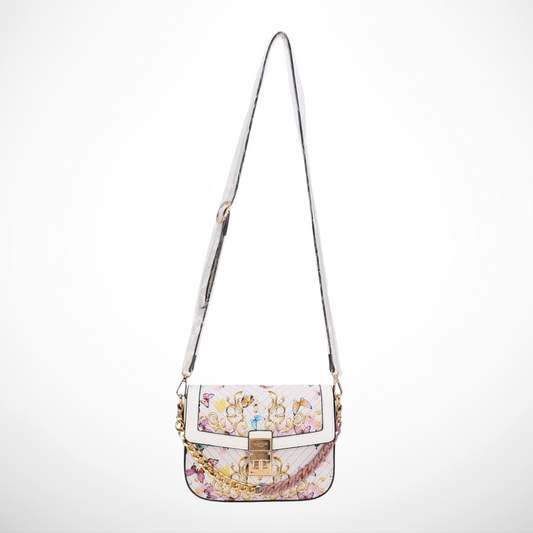 White floral butterfly quilted crossbody bag with gold-tone chain accent, front lock closure, adjustable shoulder strap, and pastel printed design.
