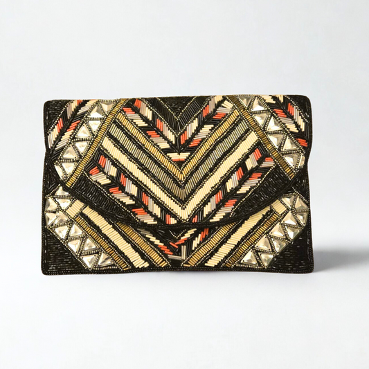 Black Multicolour Beaded Large Envelope Clutch