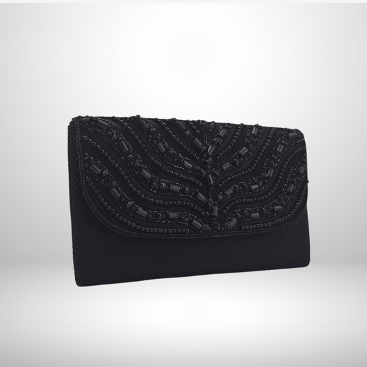 Black Beaded Flap Envelope Clutch