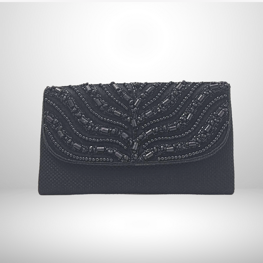 Black Beaded Flap Envelope Clutch