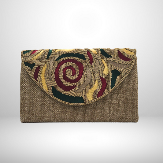 Clutch bag with floral embroidery on a white background
