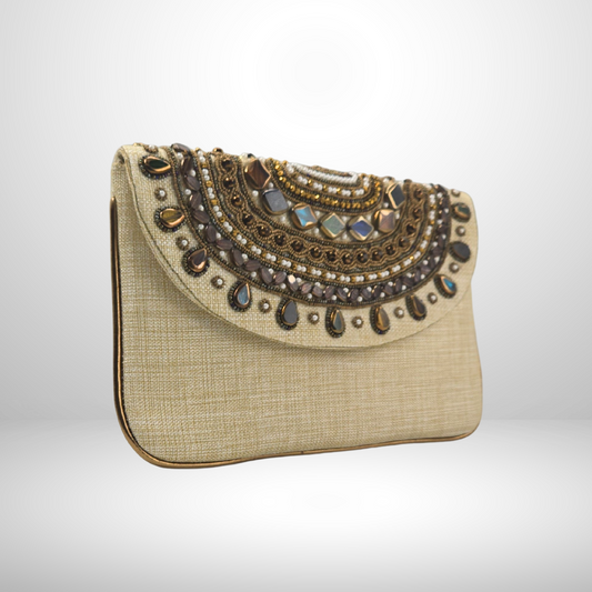 Cream Beaded Necklace Envelope Clutch
