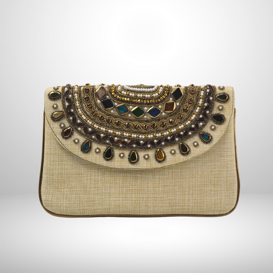 Cream Beaded Necklace Envelope Clutch