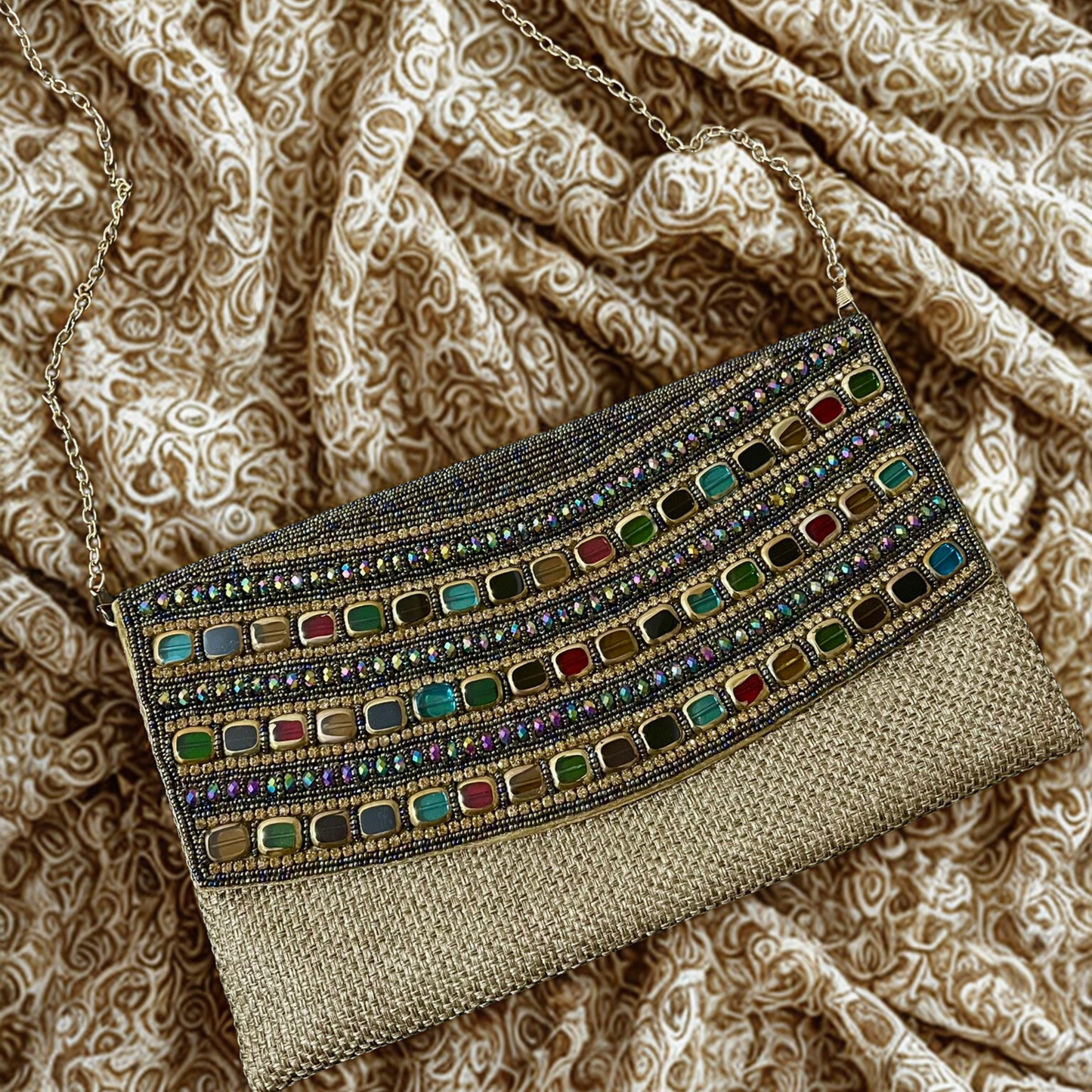 Gold Beaded Necklace Long Envelope Clutch