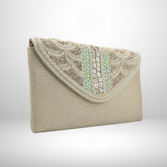 Pearl Cream Beaded Flap Envelope Clutch