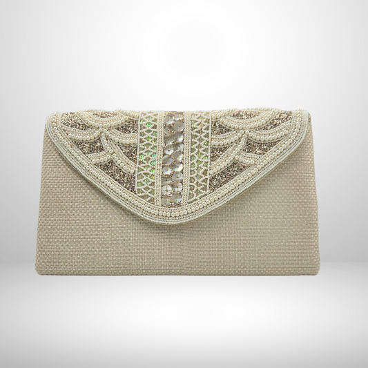 Pearl Cream Beaded Flap Envelope Clutch