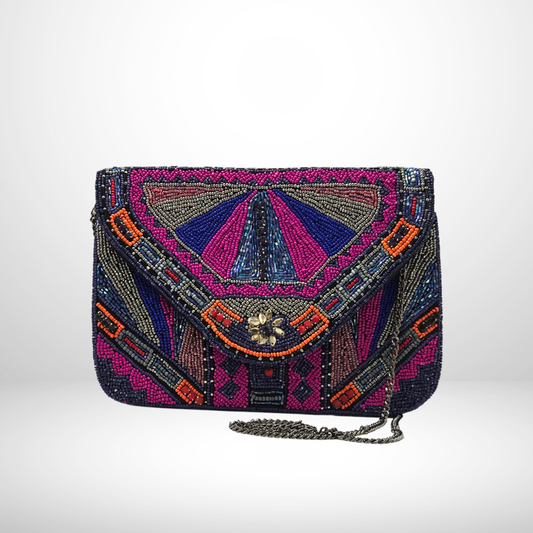 Black Multicolour Beaded Envelope Clutch