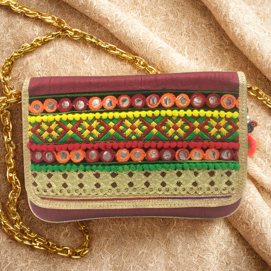 Multicolour Mirrored Embroidered Clutch with Charm