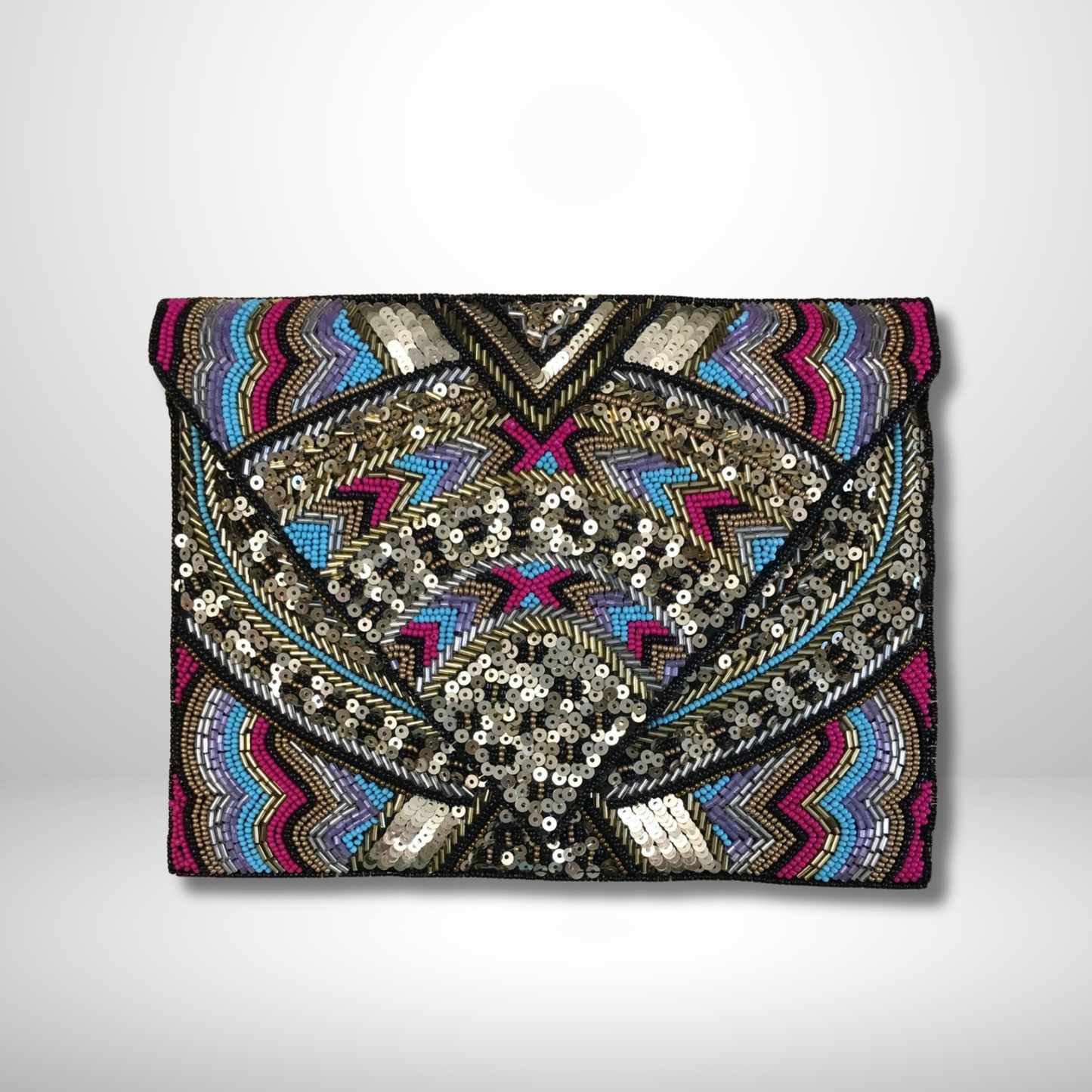 Black & Fuschia Multicolour Beaded Envelope Clutch