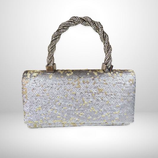 Silver Sequins Purse with Diamante Handle