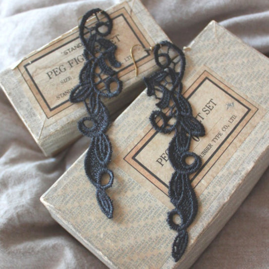 Long Vines Lace Earrings in Black